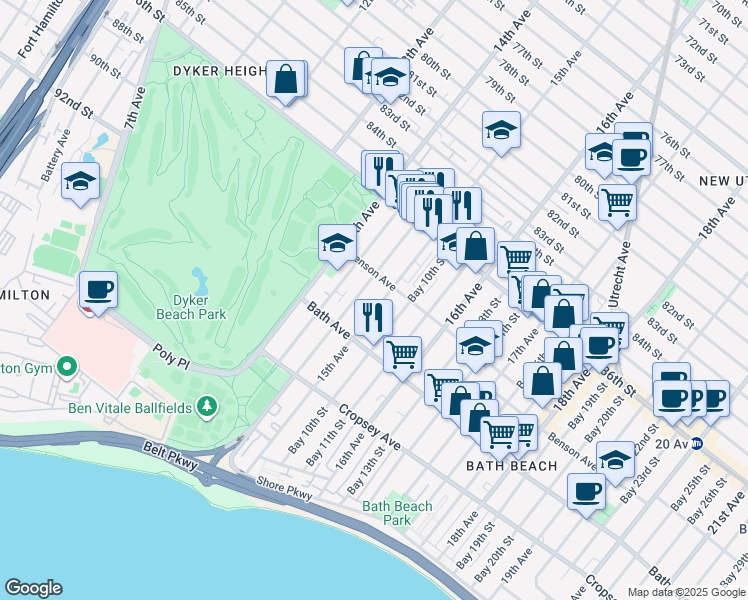 map of restaurants, bars, coffee shops, grocery stores, and more near 8691 15th Avenue in Brooklyn