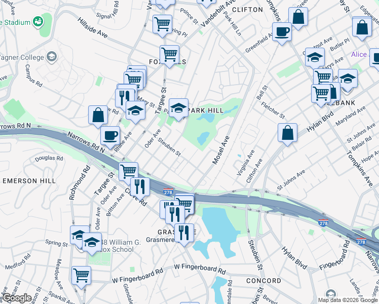 map of restaurants, bars, coffee shops, grocery stores, and more near 195 Steuben Street in Staten Island