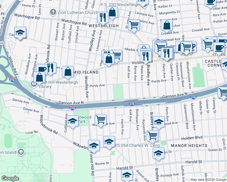 map of restaurants, bars, coffee shops, grocery stores, and more near 84 Warwick Avenue in Staten Island