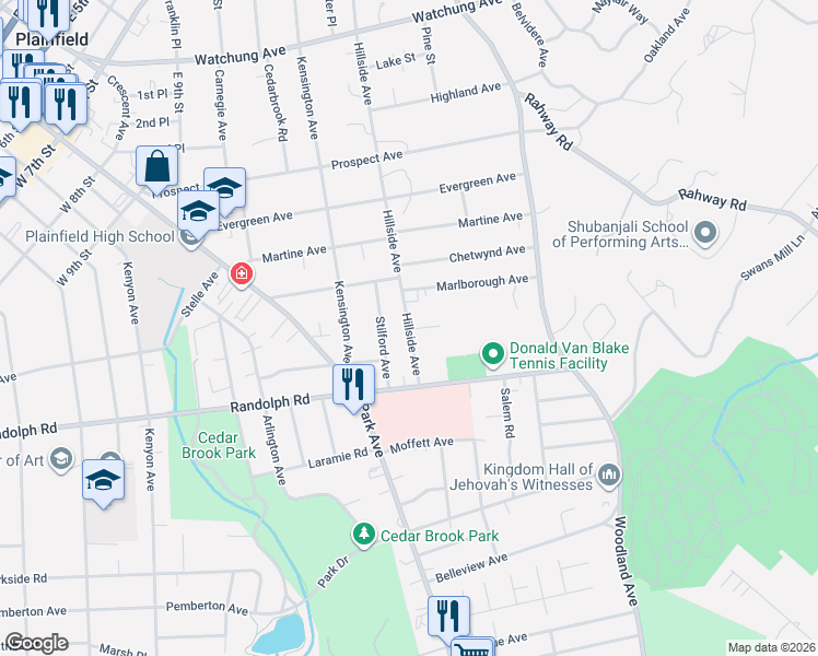 map of restaurants, bars, coffee shops, grocery stores, and more near 1313-17 Fayette Place in Plainfield