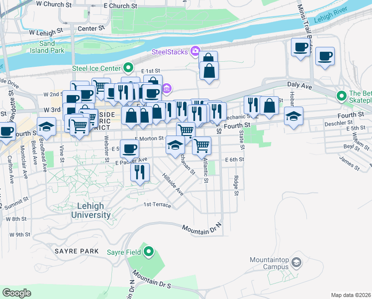 map of restaurants, bars, coffee shops, grocery stores, and more near 704 East 5th Street in Bethlehem