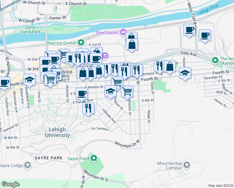 map of restaurants, bars, coffee shops, grocery stores, and more near 704 East 5th Street in Bethlehem