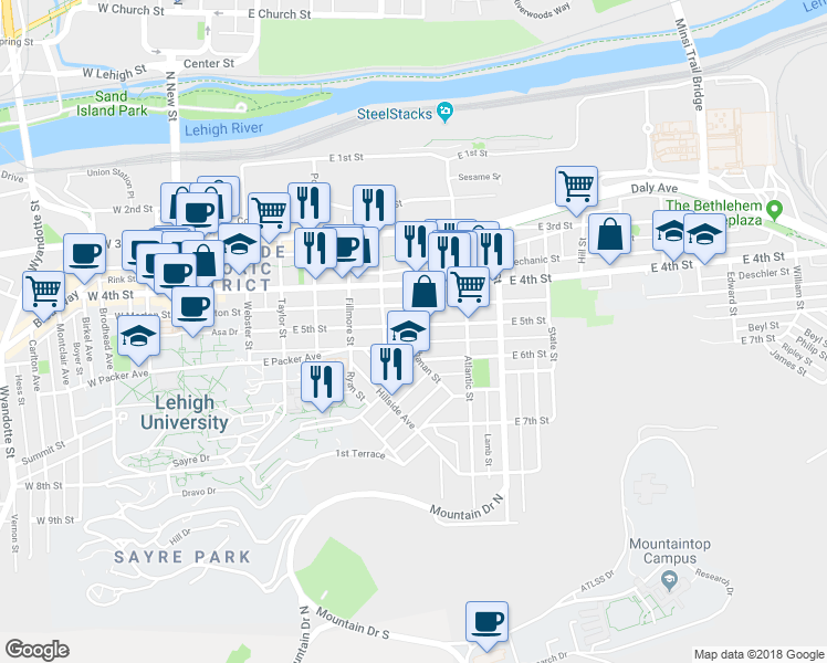 map of restaurants, bars, coffee shops, grocery stores, and more near 704 East 5th Street in Bethlehem