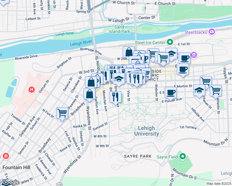 map of restaurants, bars, coffee shops, grocery stores, and more near 19 Brodhead Avenue in Bethlehem