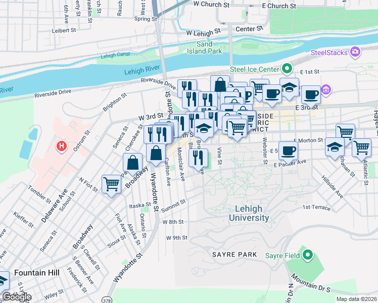map of restaurants, bars, coffee shops, grocery stores, and more near 436 Boyer Street in Bethlehem