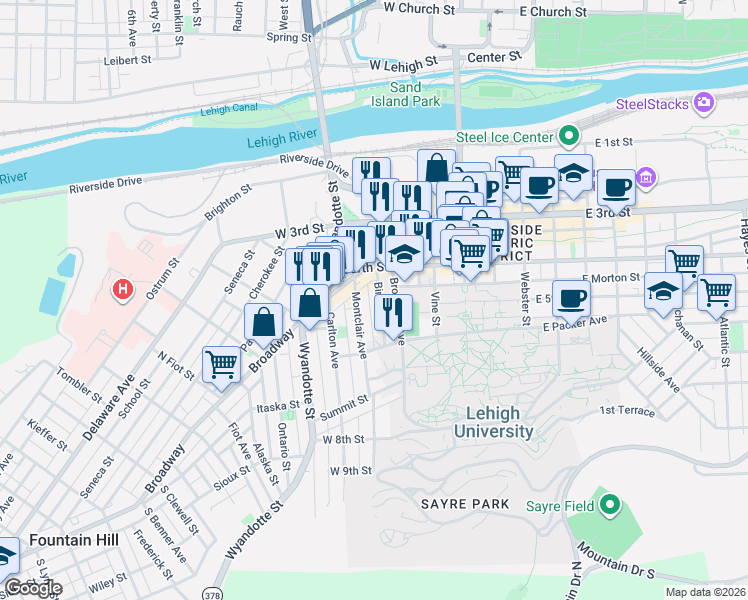 map of restaurants, bars, coffee shops, grocery stores, and more near 436 Boyer Street in Bethlehem