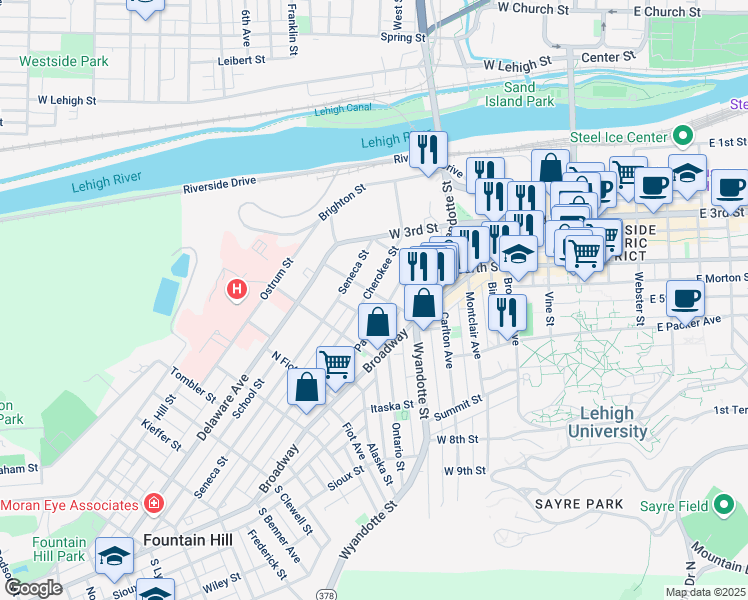 map of restaurants, bars, coffee shops, grocery stores, and more near 614 Dakotah Street in Bethlehem
