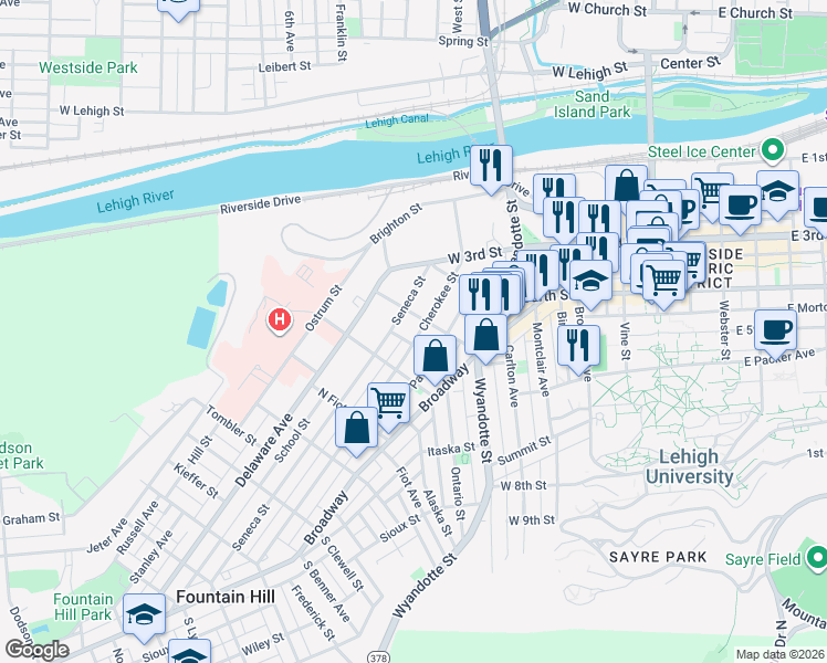 map of restaurants, bars, coffee shops, grocery stores, and more near 512 Seneca Street in Bethlehem