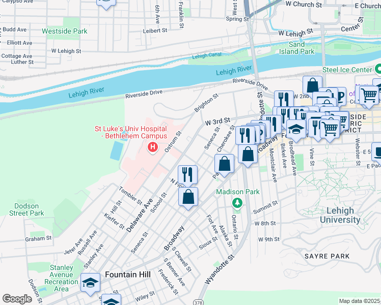 map of restaurants, bars, coffee shops, grocery stores, and more near 618 Delaware Avenue in Fountain Hill