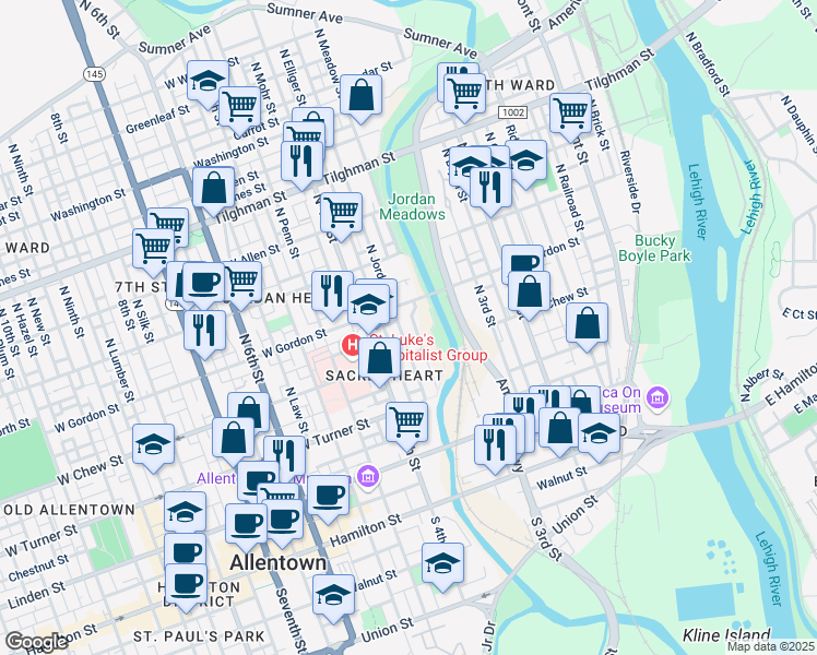 map of restaurants, bars, coffee shops, grocery stores, and more near 333 North Jordan Street in Allentown