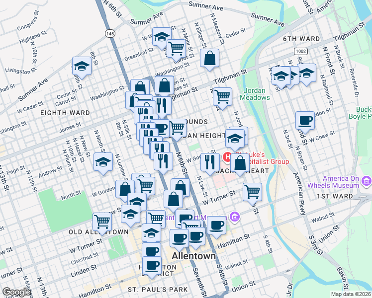 map of restaurants, bars, coffee shops, grocery stores, and more near 439 North 6th Street in Allentown