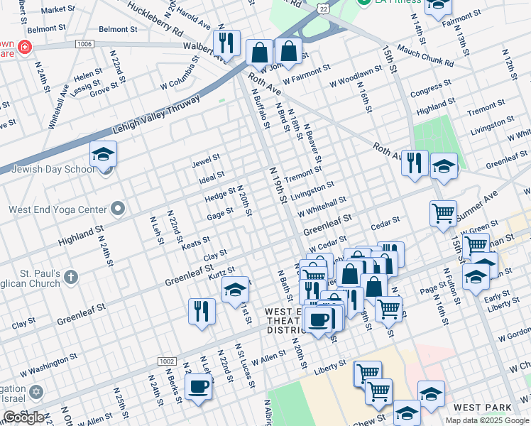 map of restaurants, bars, coffee shops, grocery stores, and more near 1916 Livingston Street in Allentown