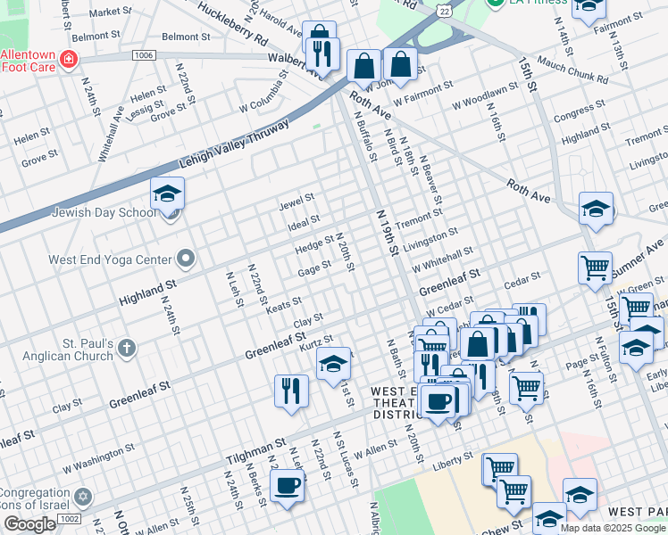 map of restaurants, bars, coffee shops, grocery stores, and more near 1001 North 20th Street in Allentown