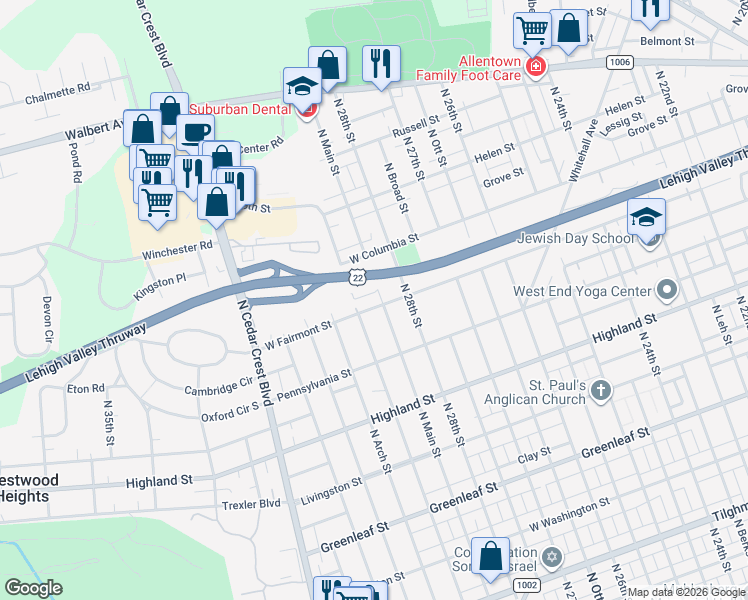 map of restaurants, bars, coffee shops, grocery stores, and more near 2851 West Fairmont Street in Allentown