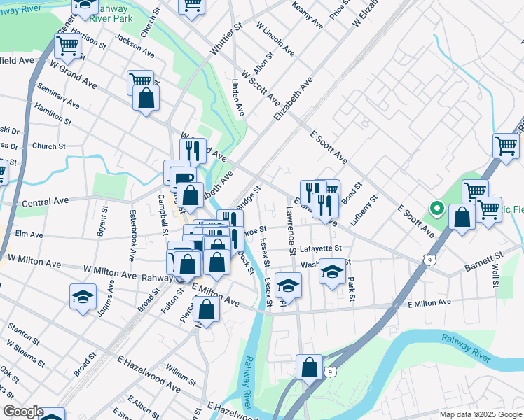 map of restaurants, bars, coffee shops, grocery stores, and more near 1727 Essex Street in Rahway