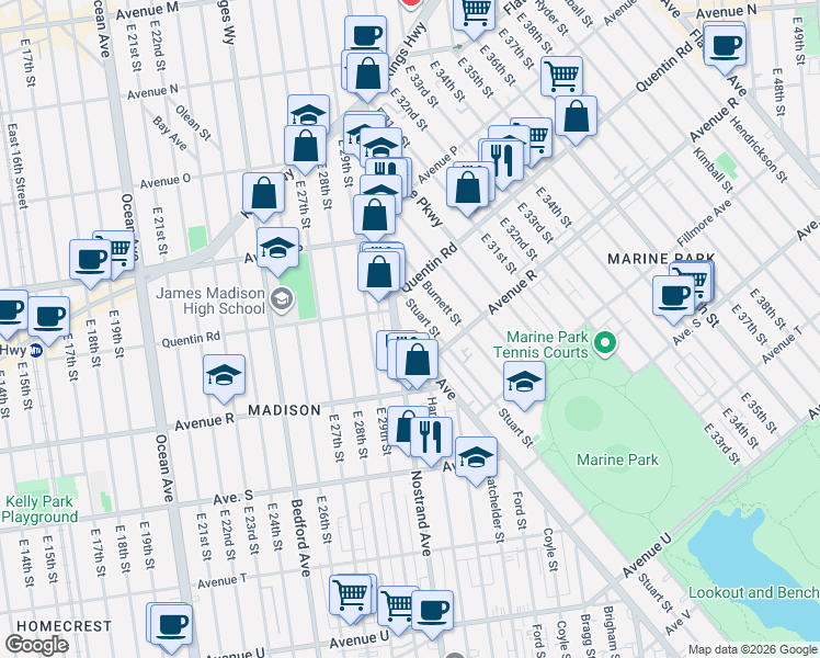 map of restaurants, bars, coffee shops, grocery stores, and more near 1744 Stuart Street in Brooklyn