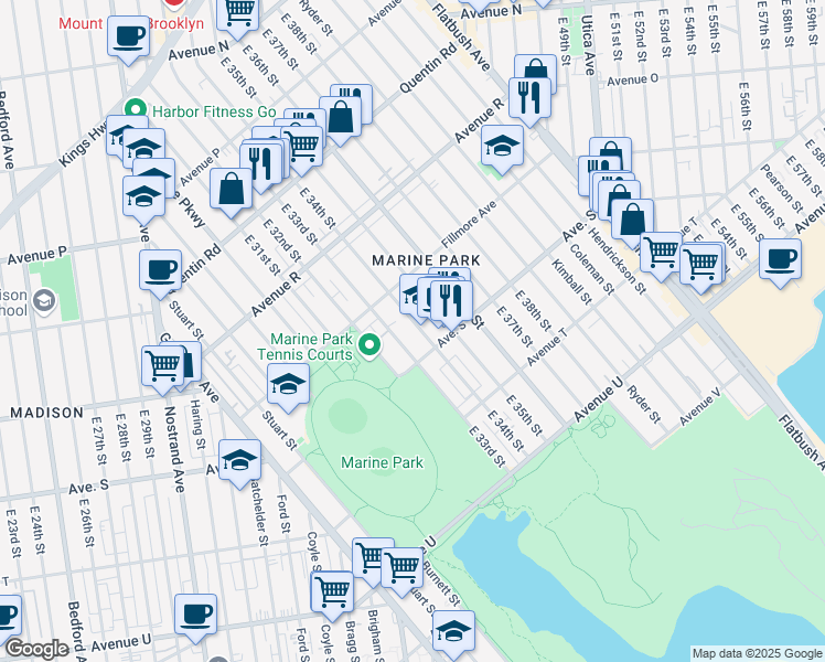 map of restaurants, bars, coffee shops, grocery stores, and more near 1954 East 34th Street in Brooklyn