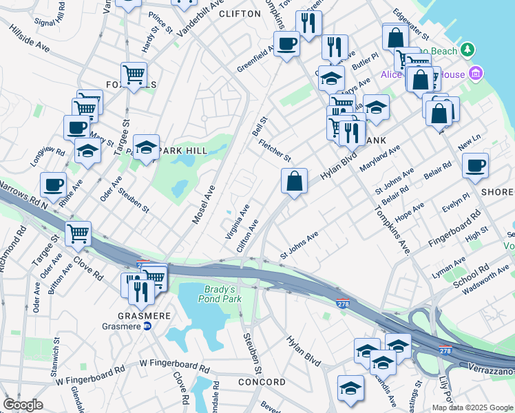 map of restaurants, bars, coffee shops, grocery stores, and more near 466 Clifton Avenue in Staten Island