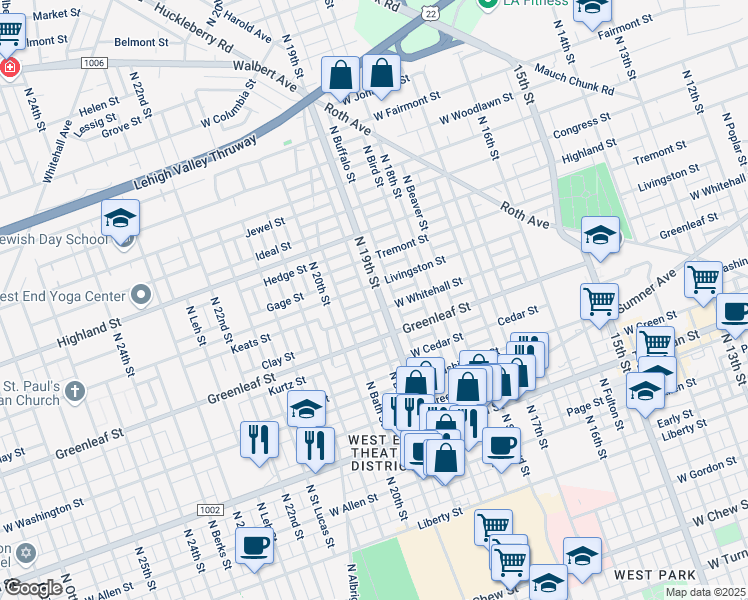 map of restaurants, bars, coffee shops, grocery stores, and more near 938 North 19th Street in Allentown