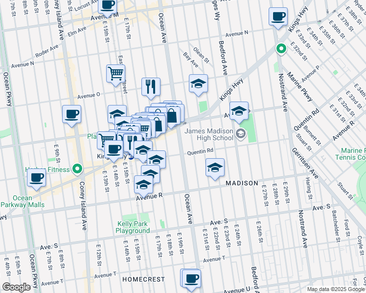 map of restaurants, bars, coffee shops, grocery stores, and more near 2155 Ocean Avenue in Brooklyn