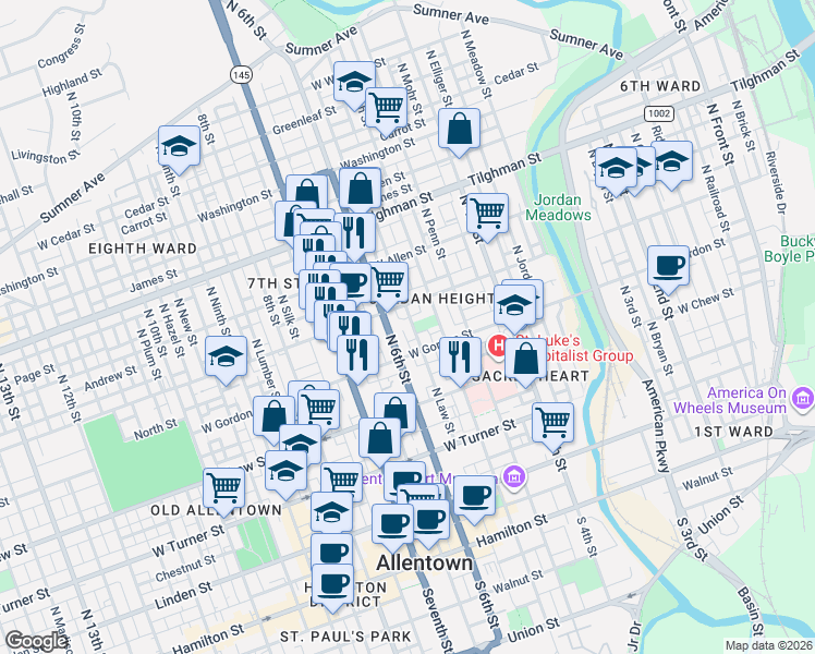 map of restaurants, bars, coffee shops, grocery stores, and more near 439 North 6th Street in Allentown