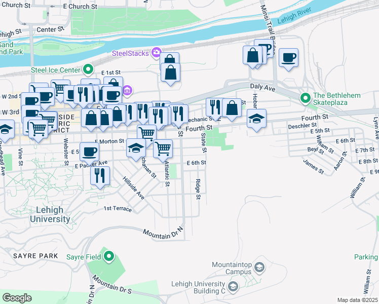 map of restaurants, bars, coffee shops, grocery stores, and more near 916 East 5th Street in Bethlehem