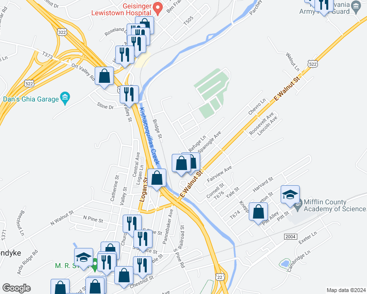 map of restaurants, bars, coffee shops, grocery stores, and more near 117 Spring Street in Lewistown