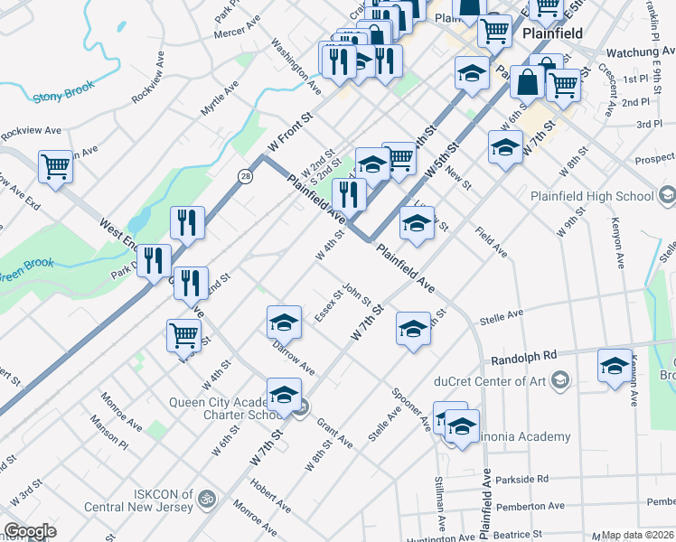 map of restaurants, bars, coffee shops, grocery stores, and more near 419 John Street in Plainfield