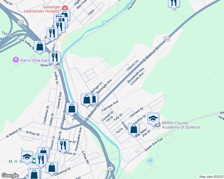 map of restaurants, bars, coffee shops, grocery stores, and more near 603 East Walnut Street in Lewistown