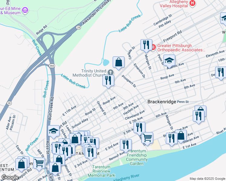 map of restaurants, bars, coffee shops, grocery stores, and more near 802 Cemetary Way in Brackenridge
