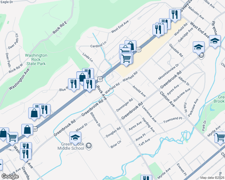 map of restaurants, bars, coffee shops, grocery stores, and more near 707 Warfield Road in North Plainfield