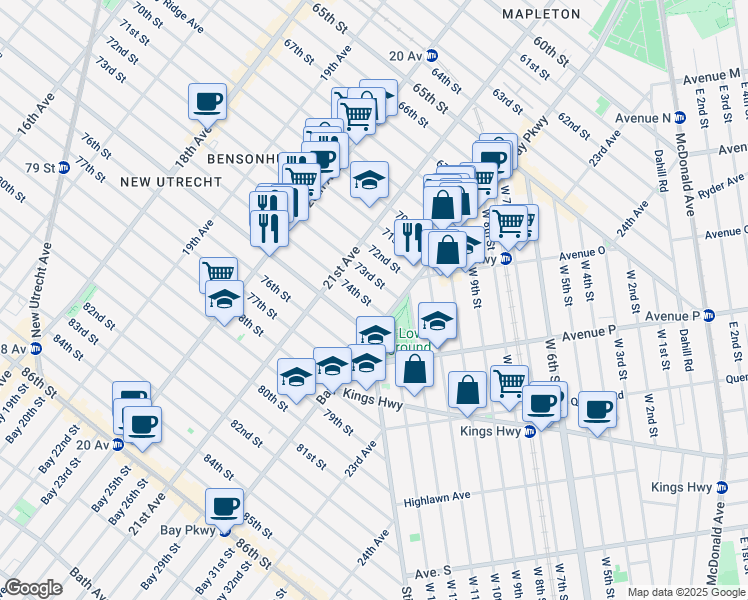 map of restaurants, bars, coffee shops, grocery stores, and more near 2161 74th Street in Brooklyn
