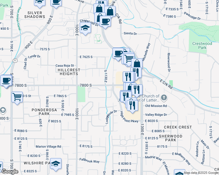 map of restaurants, bars, coffee shops, grocery stores, and more near 1175 East 7800 South in Sandy