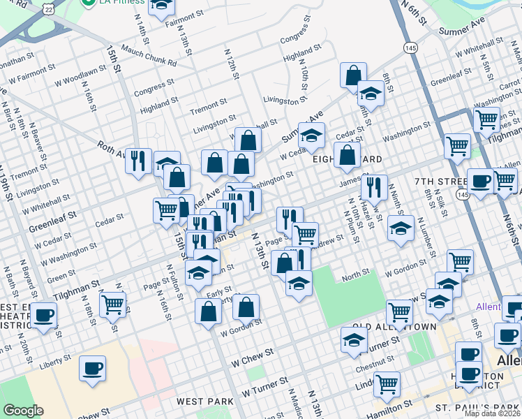 map of restaurants, bars, coffee shops, grocery stores, and more near 719 North Jefferson Street in Allentown