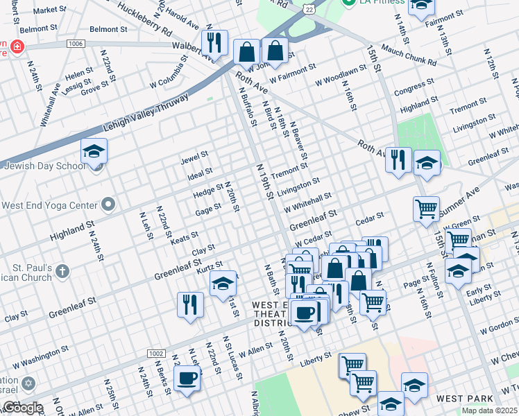 map of restaurants, bars, coffee shops, grocery stores, and more near 1916 Livingston Street in Allentown