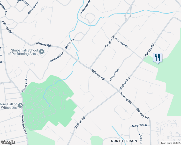 map of restaurants, bars, coffee shops, grocery stores, and more near 1 Round Hill Road in Scotch Plains