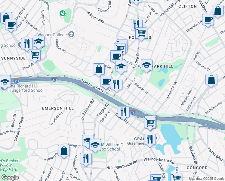 map of restaurants, bars, coffee shops, grocery stores, and more near 742 Targee Street in Staten Island