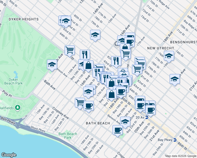 map of restaurants, bars, coffee shops, grocery stores, and more near 86th Street in Brooklyn