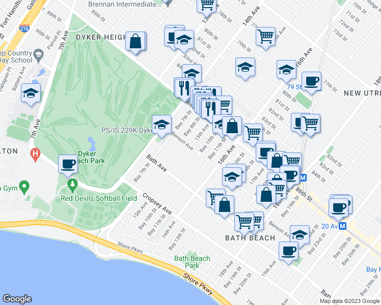 map of restaurants, bars, coffee shops, grocery stores, and more near 8691 15th Avenue in Brooklyn