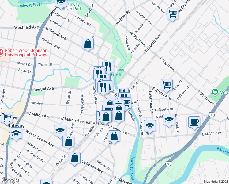 map of restaurants, bars, coffee shops, grocery stores, and more near 53 West Main Street in Rahway