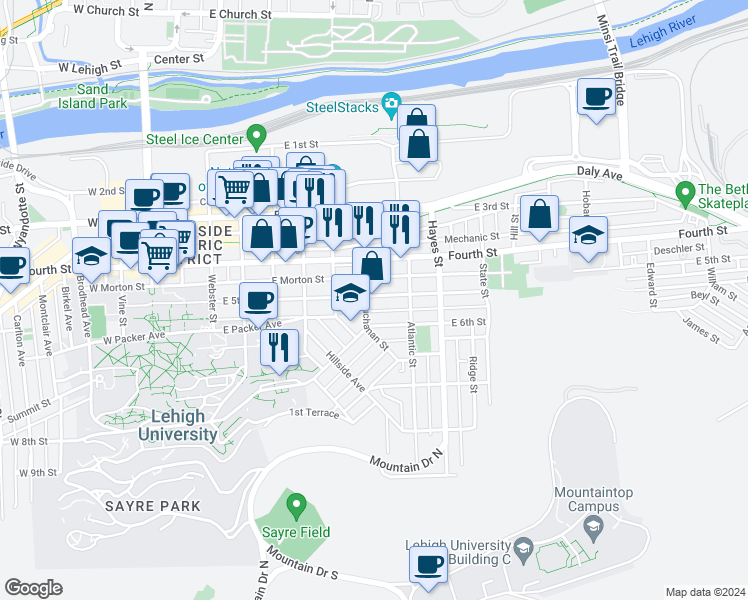 map of restaurants, bars, coffee shops, grocery stores, and more near 704 East 5th Street in Bethlehem