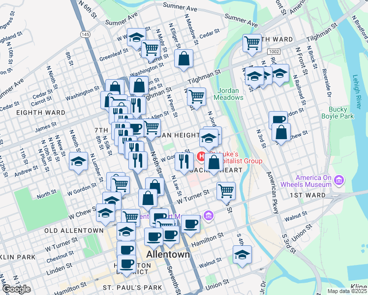 map of restaurants, bars, coffee shops, grocery stores, and more near 408 North Penn Street in Allentown