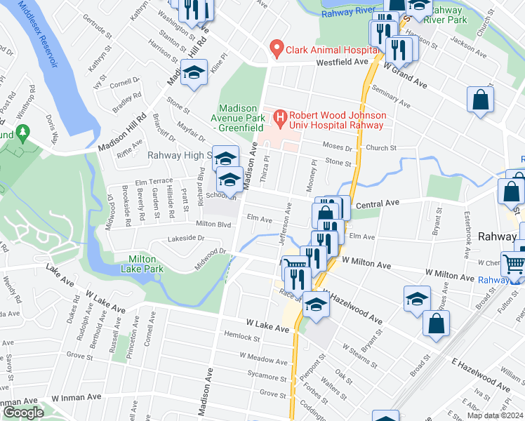 map of restaurants, bars, coffee shops, grocery stores, and more near 782 Nicholas Place in Rahway