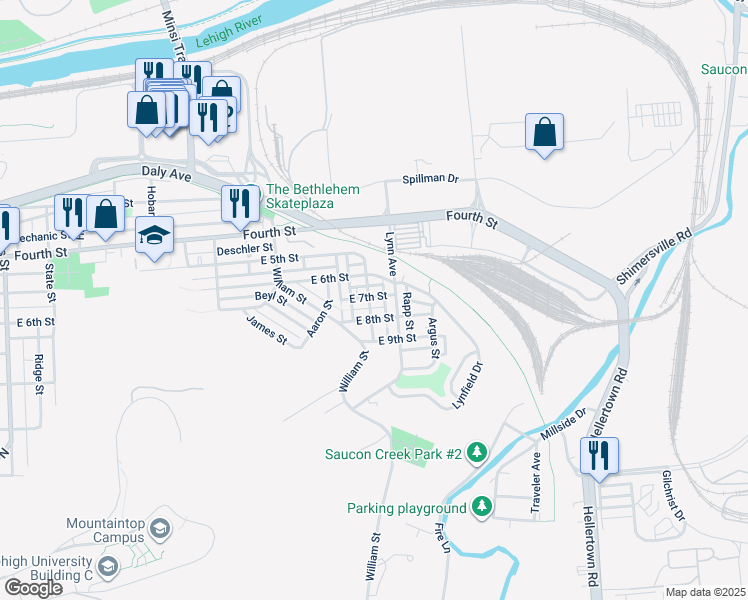map of restaurants, bars, coffee shops, grocery stores, and more near 1524 East 7th Street in Bethlehem