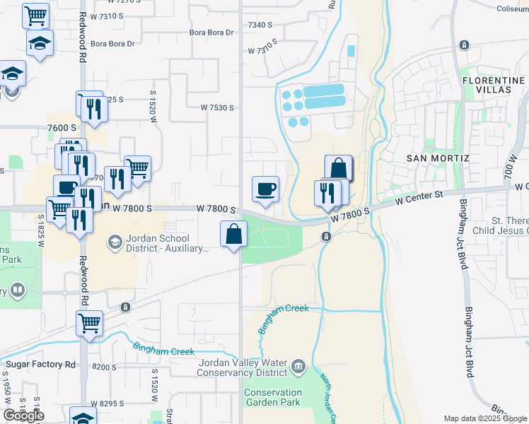 map of restaurants, bars, coffee shops, grocery stores, and more near Gardner Stop Way in West Jordan