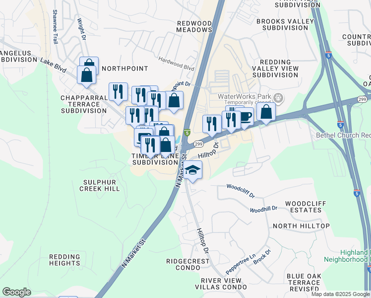 map of restaurants, bars, coffee shops, grocery stores, and more near 7 Lake Boulevard East in Redding