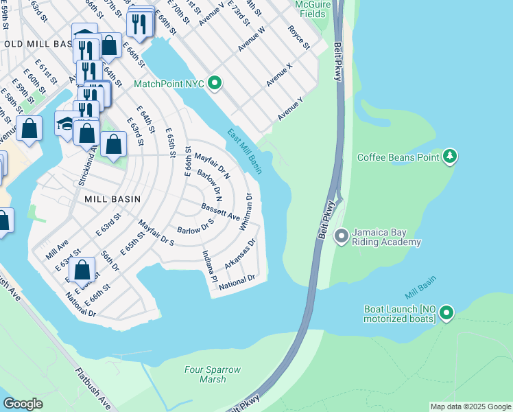 map of restaurants, bars, coffee shops, grocery stores, and more near 161 Whitman Drive in Brooklyn