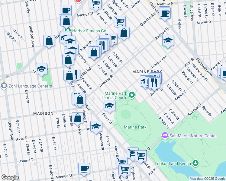 map of restaurants, bars, coffee shops, grocery stores, and more near 1851 Marine Parkway in Brooklyn