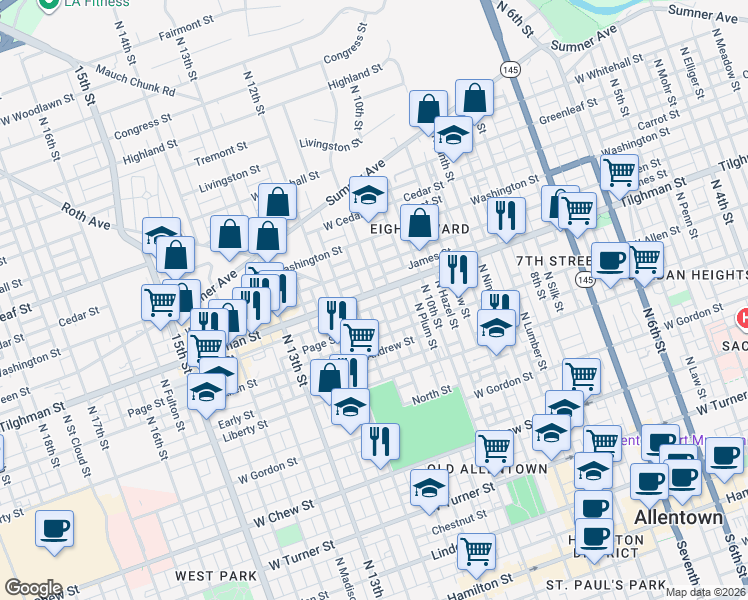 map of restaurants, bars, coffee shops, grocery stores, and more near 1104 State Route 1002 in Allentown
