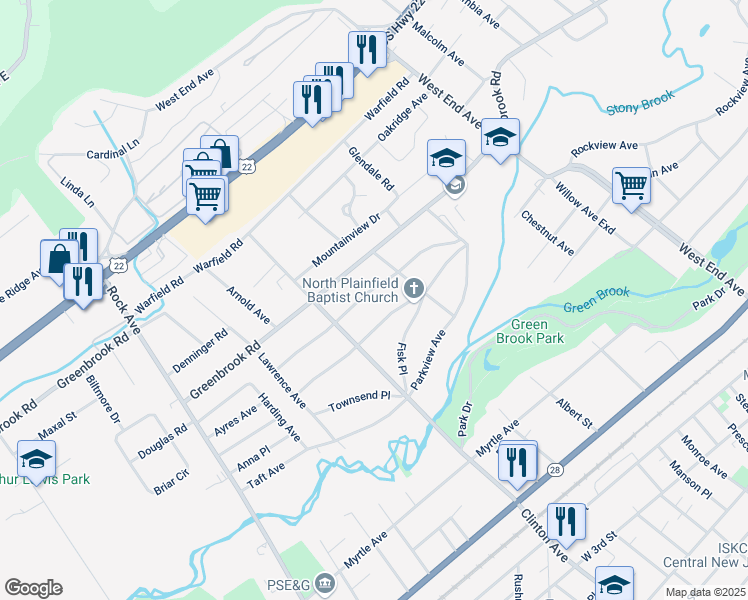 map of restaurants, bars, coffee shops, grocery stores, and more near 577 Ayres Avenue in North Plainfield